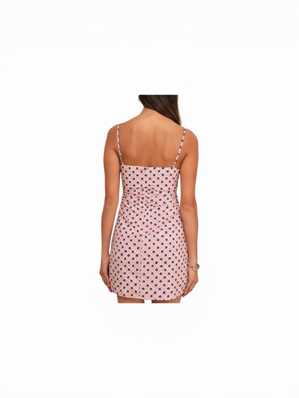 Lulus NWT “Charming Desire” Pink Geo Print Ruched Sleeveless Mini Dress. Small. - Picture 6 of 14